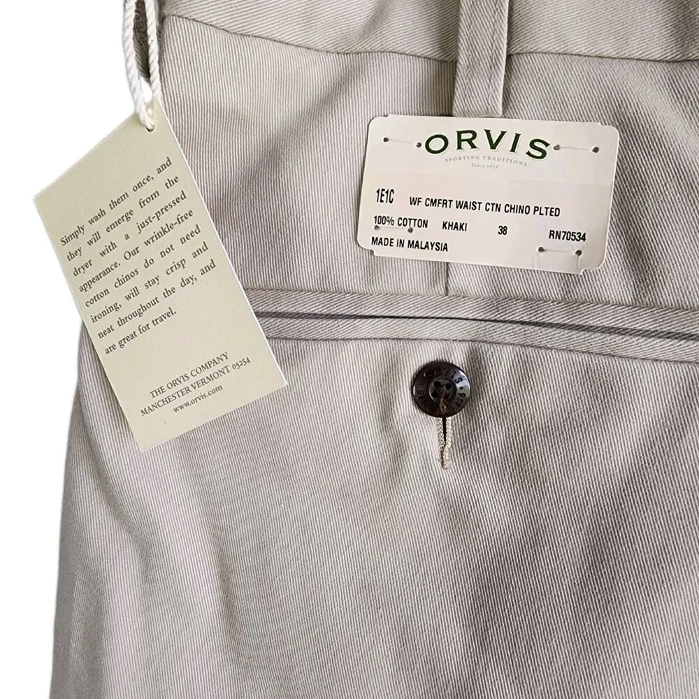 NWT Orvis Men's Wrinkle-Free Chinos Khaki Pleated Pants Size 38 100% Cotton